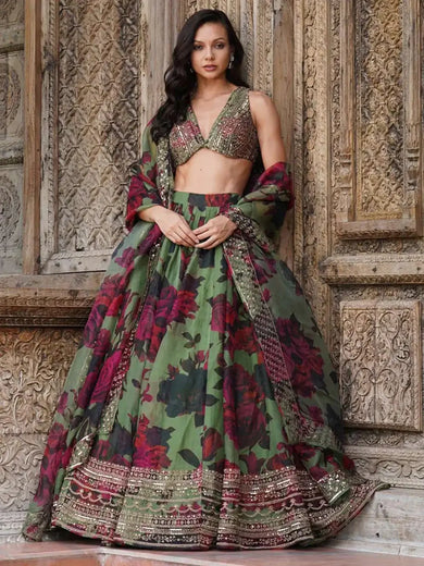 Tantalizing Green Floral Printed Organza Mehendi Wear Lehenga Choli